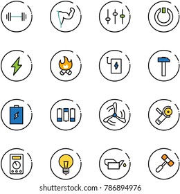 line vector icon set - barbell vector, power hand, settings, standby, lightning, fire, bank, hammer, battery, wind mill, Angular grinder, multimeter, bulb, oiler, toy