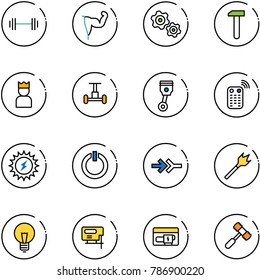 line vector icon set - barbell vector, power hand, gears, work, king, gyroscope, piston, remote control, sun, standby button, connect, wood drill, bulb, jig saw, generator, toy hammer