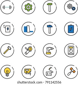line vector icon set - barbell vector, gear, work, power bank, water plant, hammer, battery, sledgehammer, Angular grinder, drill, multimeter, bulb, jig saw, welding, toy