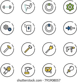 line vector icon set - barbell vector, power hand, standby, gear, bank, button, connect, hammer, sledgehammer, wood drill, machine, Angular grinder, jig saw, oiler