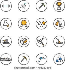 line vector icon set - barbell vector, run, job, win cup, winner, gold medal, flags cross, flippers, pool, volleyball, badminton, fishing, cabrio, axe, boomerang, billiards balls