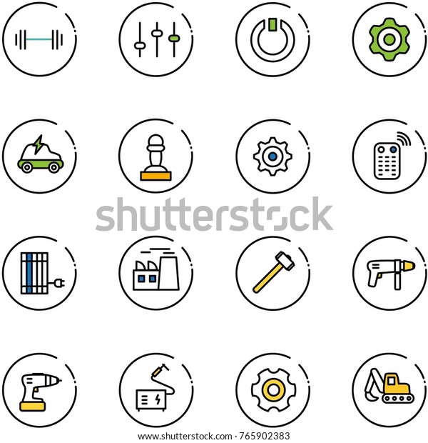 line vector icon set -\
barbell vector, settings, standby, gear, electric car, pawn, remote\
control, sun panel, plant, sledgehammer, drill machine, welding,\
excavator toy