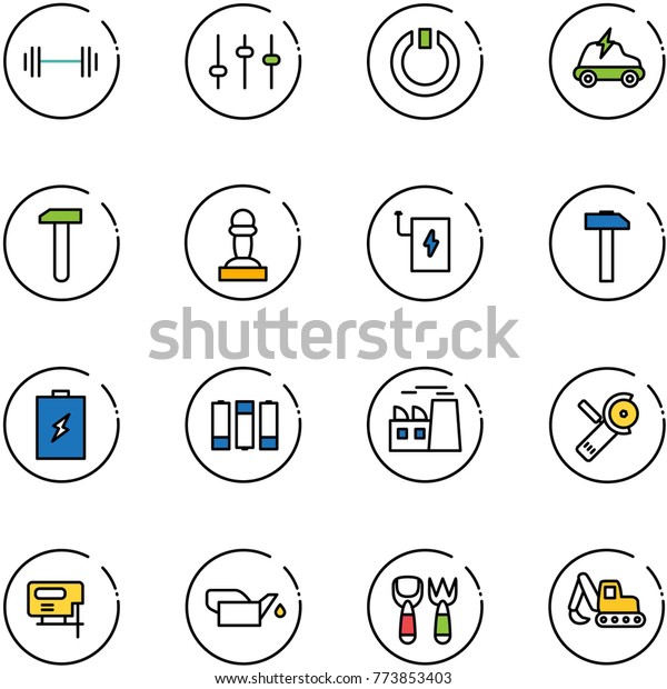 line vector\
icon set - barbell vector, settings, standby, electric car, work,\
pawn, power bank, hammer, battery, plant, Angular grinder, jig saw,\
oiler, shovel fork toy,\
excavator