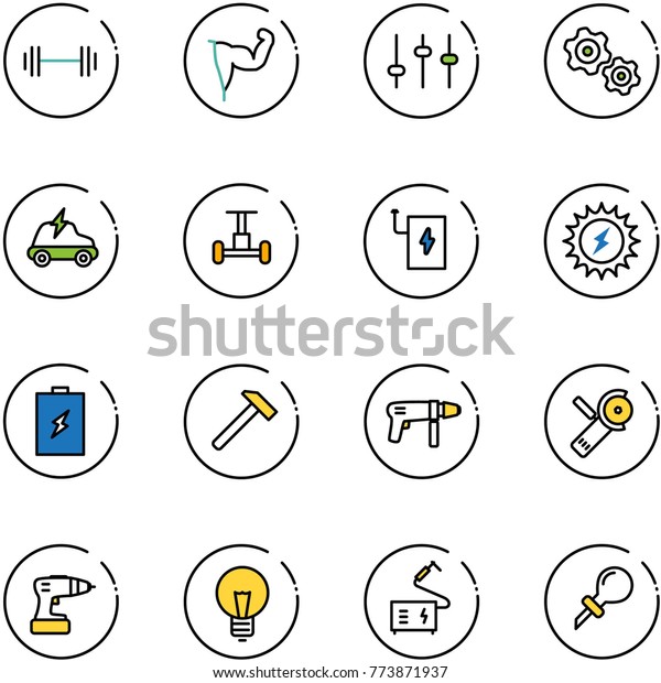line vector icon\
set - barbell vector, power hand, settings, gears, electric car,\
gyroscope, bank, sun, battery, hammer, drill machine, Angular\
grinder, bulb, welding,\
oiler