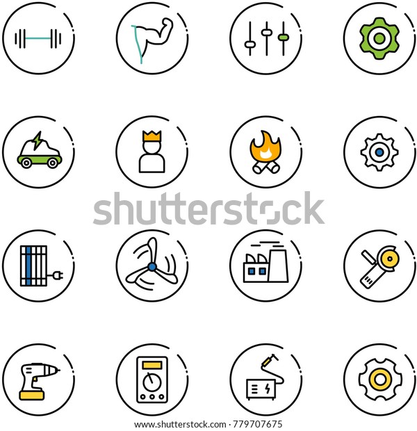 line vector icon set\
- barbell vector, power hand, settings, gear, electric car, king,\
fire, sun panel, wind mill, plant, Angular grinder, drill,\
multimeter, welding