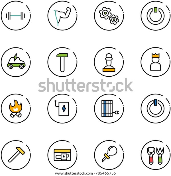 line vector\
icon set - barbell vector, power hand, gears, standby, electric\
car, work, pawn, king, fire, bank, sun panel, button, hammer,\
generator, oiler, shovel fork\
toy