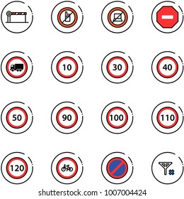 line vector icon set - barrier vector, no mobile sign, computer, way road, truck, speed limit 10, 30, 40, 50, 90, 100, 110, 120, bike, parking, signal
