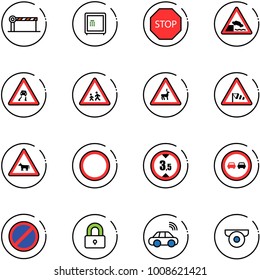 line vector icon set - barrier vector, safe, stop road sign, embankment, slippery, children, wild animals, side wind, cow, prohibition, limited height, no overtake, parking, locked, car wireless