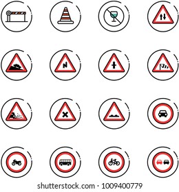 line vector icon set - barrier vector, road cone, no alcohol sign, oncoming traffic, steep descent, abrupt turn right, intersection, side wind, gravel, railway, rough, car, moto, bus, bike, overtake
