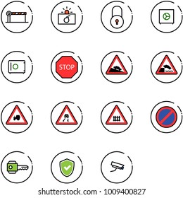 line vector icon set - barrier vector, terrorism, lock, safe, stop road sign, steep descent, embankment, tractor way, slippery, railway intersection, no parking, key, shield check