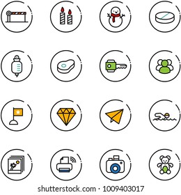 line vector icon set - barrier vector, candle, snowman, pill, drop counter, meat, key, group, flag, diamond, paper fly, swimming, photo, printer wireless, camera, bear toy
