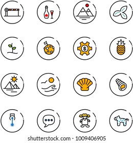 line vector icon set - barrier vector, wine, mountains, three leafs, sproute, moon flag, money managemet, pineapple, pyramid, waves, shell, laser, chat, doll, toy horse