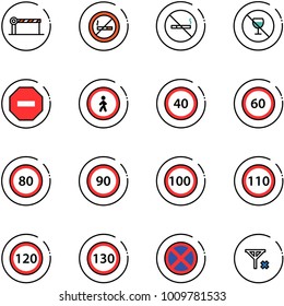 line vector icon set - barrier vector, no smoking sign, alcohol, way road, pedestrian, speed limit 40, 60, 80, 90, 100, 110, 120, 130, stop, signal