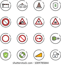 line vector icon set - barrier vector, safety car, road cone, safe, prohibition sign, embankment, slippery, railway intersection, no overtake, key, shield check, lifebuoy, stairs, wireless lock