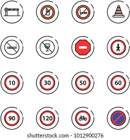 Line Vector Icon Set - Barrier Vector, No Mobile Sign, Smoking, Road Cone, Alcohol, Way, Pedestrian, Speed Limit 10, 30, 50, 60, 90, 120, Bike, Parking