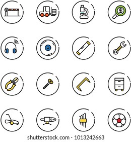 line vector icon set - barrier vector, fork loader, lab, search money, wireless headphones, cd, level, wrench, side cutters, screw, staple, tool cabinet, lawn mower, pipe welding, allen key set