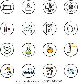 line vector icon set - barrier vector, recieptionist, radar, firework, wine, three leafs, pull ups, eggs, money back, round flask, moon flag, lighthouse, waves, rover, doll, toy horse