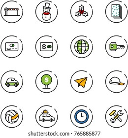 line vector icon set - barrier vector, snowman, holly, breads, credit card, globe, key, car, money tree, paper fly, cap, volleyball, baggage, clock, wrench hammer