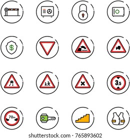 line vector icon set - barrier vector, safe, lock, giving way road sign, embankment, tractor, slippery, children, railway intersection, limited height, distance, key, stairs, life vest