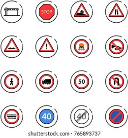 line vector icon set - barrier vector, stop road sign, steep roadside, narrows, rough, attention, no dangerous cargo, horn, pedestrian, truck, speed limit 50, turn back, customs, minimal, end