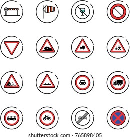 line vector icon set - barrier vector, side wind, no alcohol sign, prohibition road, giving way, climb, tractor, children, gravel, rough, car, truck, bus, bike, end overtake limit, stop