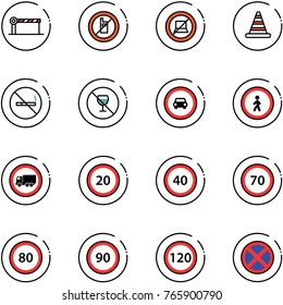 line vector icon set - barrier vector, no mobile sign, computer, road cone, smoking, alcohol, car, pedestrian, truck, speed limit 20, 40, 70, 80, 90, 120, stop