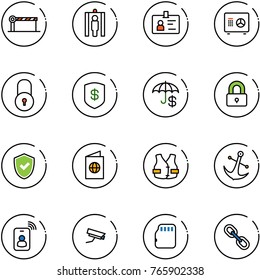 line vector icon set - barrier vector, metal detector gate, identity, safe, lock, insurance, locked, shield check, passport, life vest, anchor, card, surveillance camera, micro flash, link