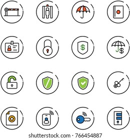 line vector icon set - barrier vector, metal detector gate, insurance, passport, identity, lock, safe, unlocked, shield, check, key, certificate, card, wireless, server