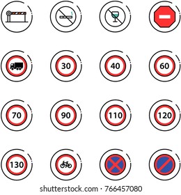 line vector icon set - barrier vector, no smoking sign, alcohol, way road, truck, speed limit 30, 40, 60, 70, 90, 110, 120, 130, bike, stop, parking