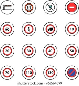 line vector icon set - barrier vector, no computer sign, alcohol, way road, car, pedestrian, truck, speed limit 10, 20, 30, 40, 50, 70, 110, 130, parking