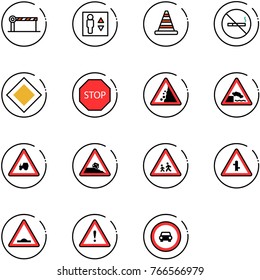 line vector icon set - barrier vector, elevator, road cone, no smoking sign, main, stop, landslide, embankment, tractor way, steep roadside, children, intersection, artificial unevenness, attention