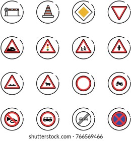 line vector icon set - barrier vector, road cone, main sign, giving way, steep descent, traffic light, children, intersection, rough, cow, prohibition, no moto, horn, bus, end overtake limit, stop