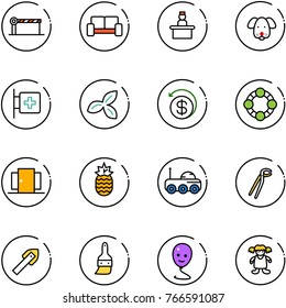 line vector icon set - barrier vector, vip waiting area, recieptionist, dog, first aid room, three leafs, money back, friends, doors, pineapple, moon rover, plumber, tile drill, brush, balloon smile