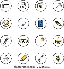 line vector icon set - barrier vector, weight, camera, job, volleyball, satellite antenna, battery, work knife, plumber, protective glasses, wood drill, milling cutter, welding, gun sealant