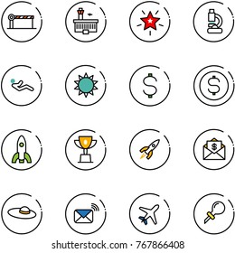 line vector icon set - barrier vector, airport building, christmas star, lab, abdominal muscles, sun, dollar, coin, rocket, win cup, mail, woman hat, wireless, plane, oiler