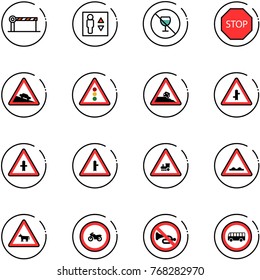 line vector icon set - barrier vector, elevator, no alcohol sign, stop road, steep descent, traffic light, roadside, intersection, railway, rough, cow, moto, horn, bus