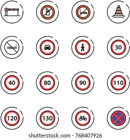 line vector icon set - barrier vector, no mobile sign, smoking, road cone, car, pedestrian, speed limit 30, 40, 80, 90, 110, 120, 130, bike, stop