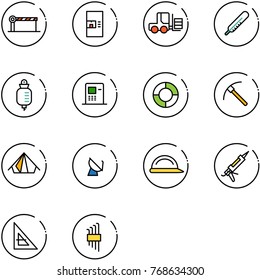line vector icon set - barrier vector, coffee machine, fork loader, thermometer, drop counter, atm, lifebuoy, rock axe, tent, satellite antenna, construction helmet, gun sealant, corner ruler