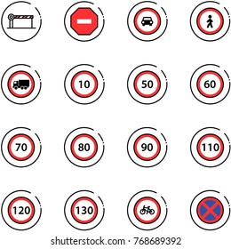line vector icon set - barrier vector, no way road sign, car, pedestrian, truck, speed limit 10, 50, 60, 70, 80, 90, 110, 120, 130, bike, stop