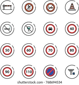 Line Vector Icon Set - Barrier Vector, No Mobile Sign, Smoking, Road Cone, Alcohol, Car, Speed Limit 40, 50, 60, 70, 80, 90, 110, Parking, Signal