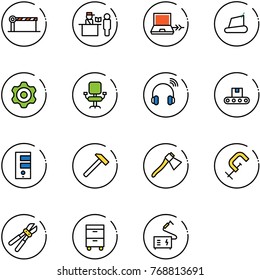 line vector icon set - barrier vector, passport control, netabook connect, treadmill, gear, office chair, wireless headphones, conveyor, server, hammer, axe, clamp, bolt cutter, tool cabinet