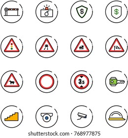 line vector icon set - barrier vector, terrorism, safe, traffic light road sign, slippery, railway intersection, side wind, cow, prohibition, limited height, key, stairs, surveillance camera