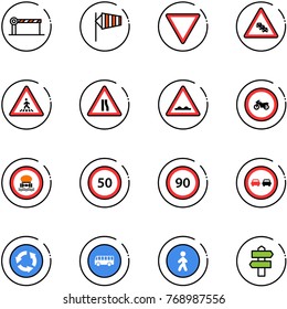 line vector icon set - barrier vector, side wind, giving way road sign, multi lane traffic, pedestrian, narrows, rough, no moto, dangerous cargo, speed limit 50, 90, overtake, circle, bus, signpost