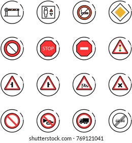 line vector icon set - barrier vector, elevator, no smoking sign, main road, prohibition, stop, way, traffic light, intersection, side wind, railway, horn, truck, end overtake limit