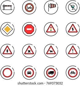 line vector icon set - barrier vector, no smoking sign, side wind, alcohol, main road, way, traffic light, intersection, railway, cow, attention, prohibition, car, truck, bike