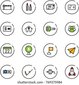 line vector icon set - barrier vector, candle, credit card, tap pay, home, key, group, calendar, money tree, flag, paper fly, projector, scythe, jack, rocket