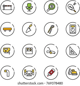 line vector icon set - barrier vector, office chair, search money, badminton, skateboard, trowel, plumber, multimeter, jig saw, tool box, lawn mower, corner ruler, allen key, sharpening, marker