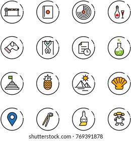 line vector icon set - barrier vector, passport, radar, wine, dog, pull ups, history, round flask, pyramid flag, pineapple, shell, navigation pin, plumber, brush, doll