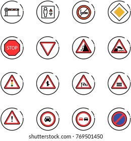 line vector icon set - barrier vector, elevator, no smoking sign, main road, stop, giving way, landslide, embankment, traffic light, intersection, side wind, railway, attention, car, overtake