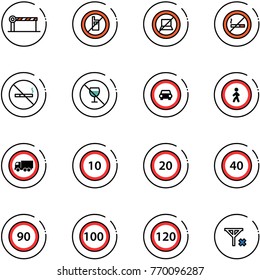 line vector icon set - barrier vector, no mobile sign, computer, smoking, alcohol, car road, pedestrian, truck, speed limit 10, 20, 40, 90, 100, 120, signal